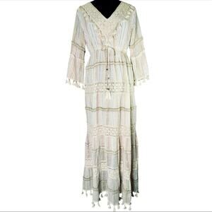 Anthropologie ME 2 MAGIC Dress LG Tassel Stripe Sleeve Maxi Tiered Boho Peasant